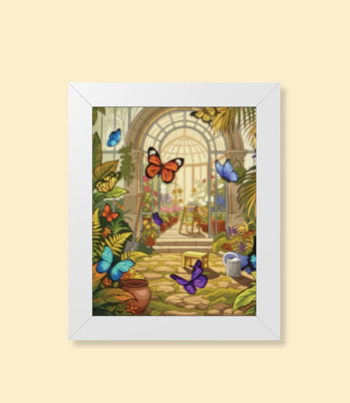 Butterfly conservatory framed poster with white frame on a cream background