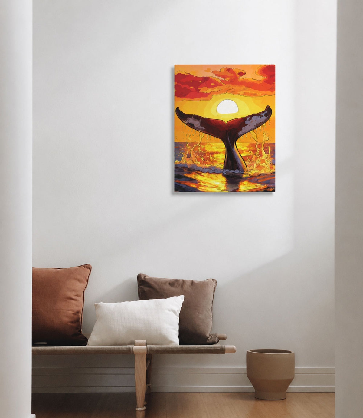Whale tail at sunset canvas displayed in a modern interior