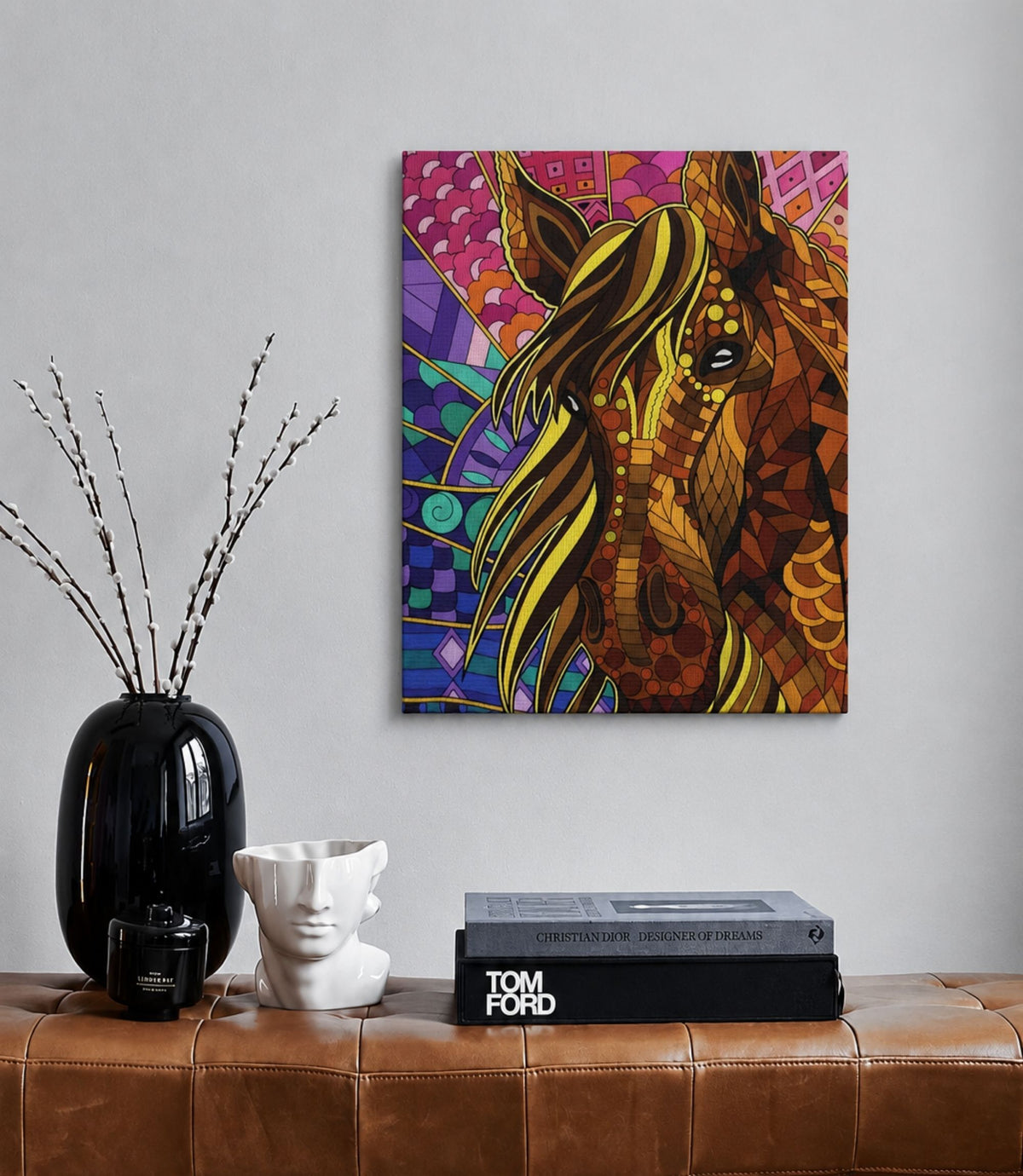 Colourful mosaic horse canvas displayed in a modern interior