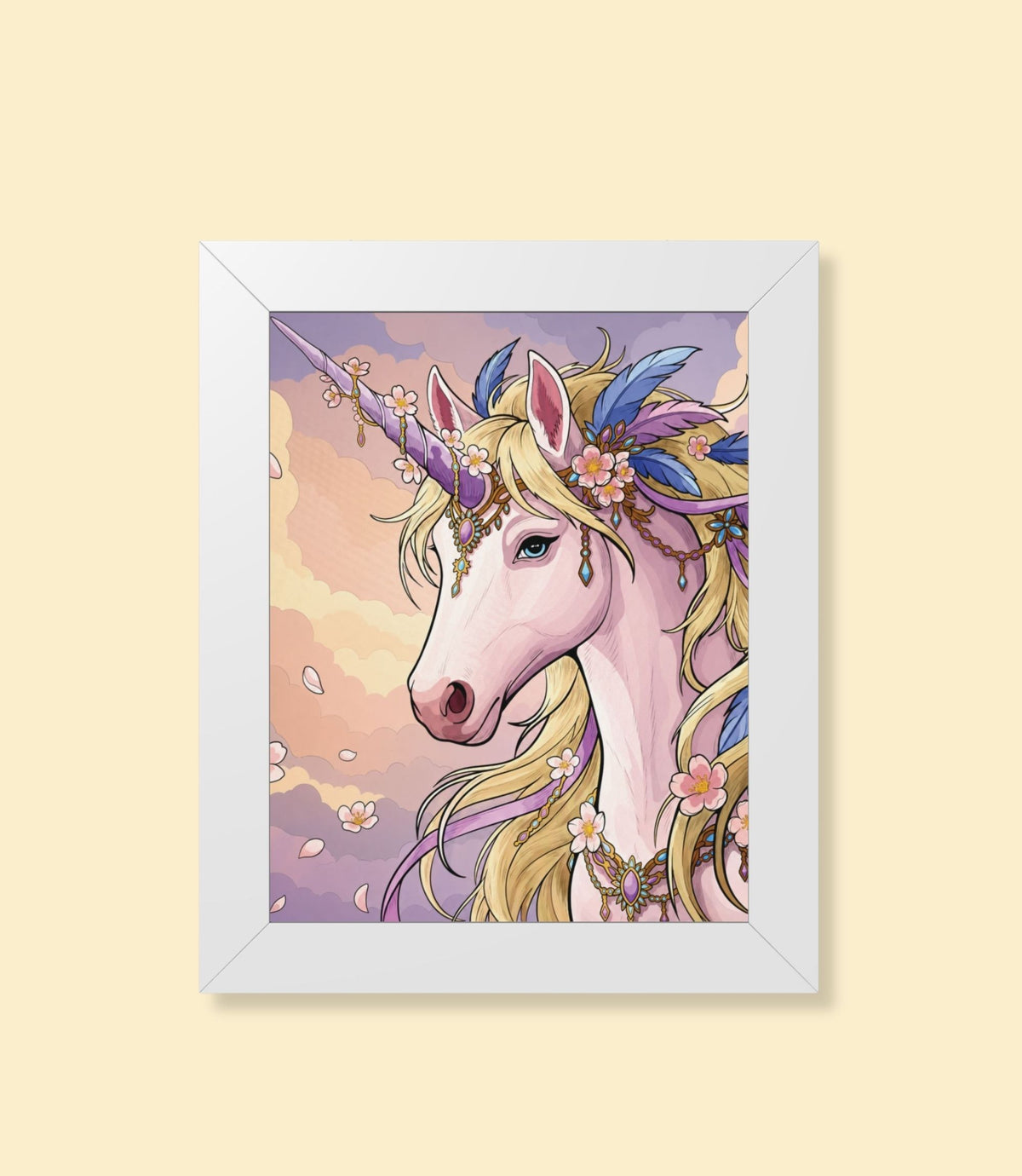 Pastel unicorn framed poster with white frame on a cream background