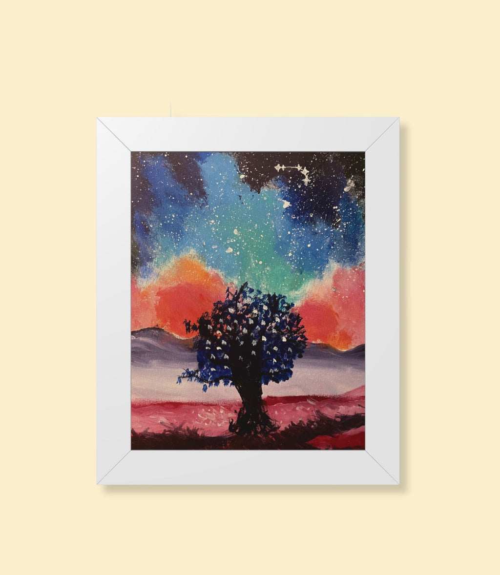 Galaxy tree framed poster with white frame on a cream background