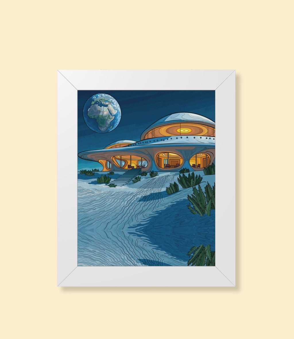 Retro space house framed poster with white frame on a cream background
