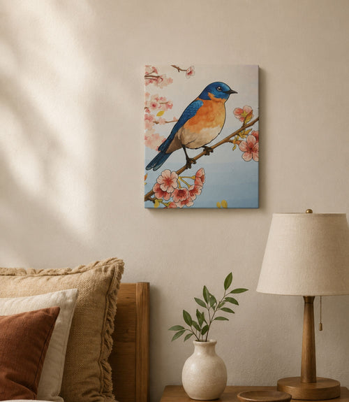 Bluebird and cherry blossoms canvas displayed in a modern interior