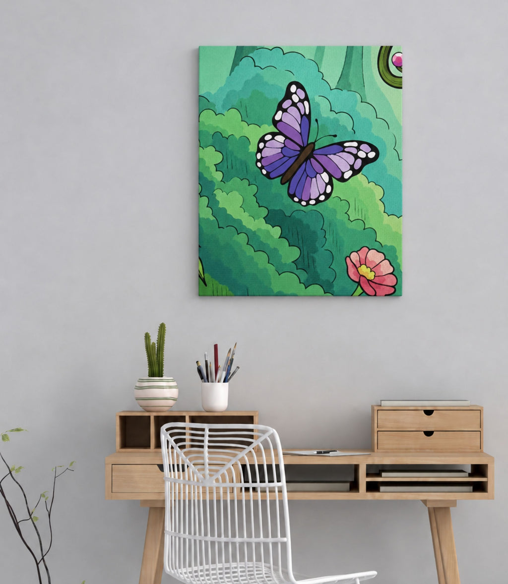 Purple butterfly garden canvas displayed in a modern interior