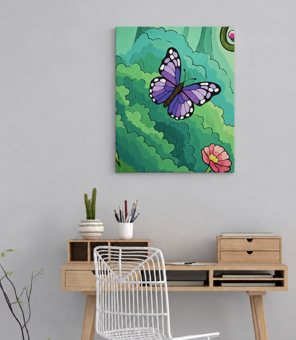 Purple butterfly garden canvas displayed in a modern interior