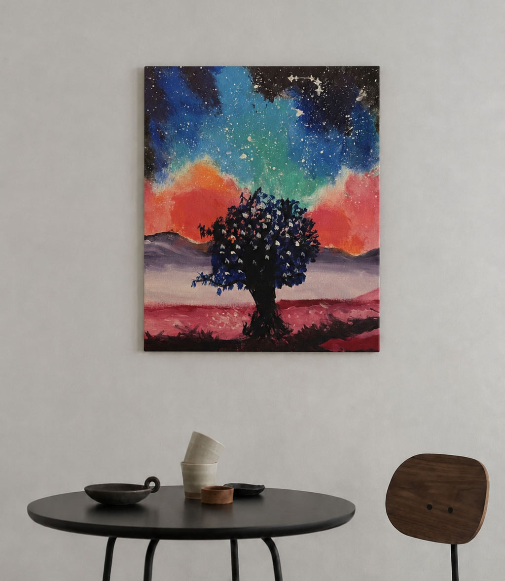 Galaxy tree canvas displayed in a modern interior