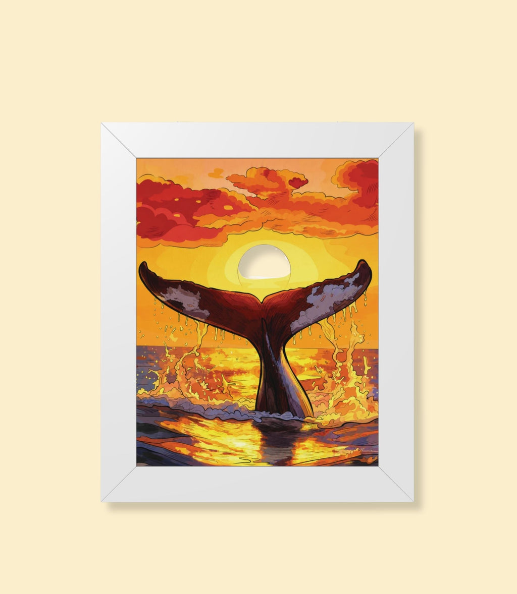 Whale tail at sunset framed poster with white frame on a cream background