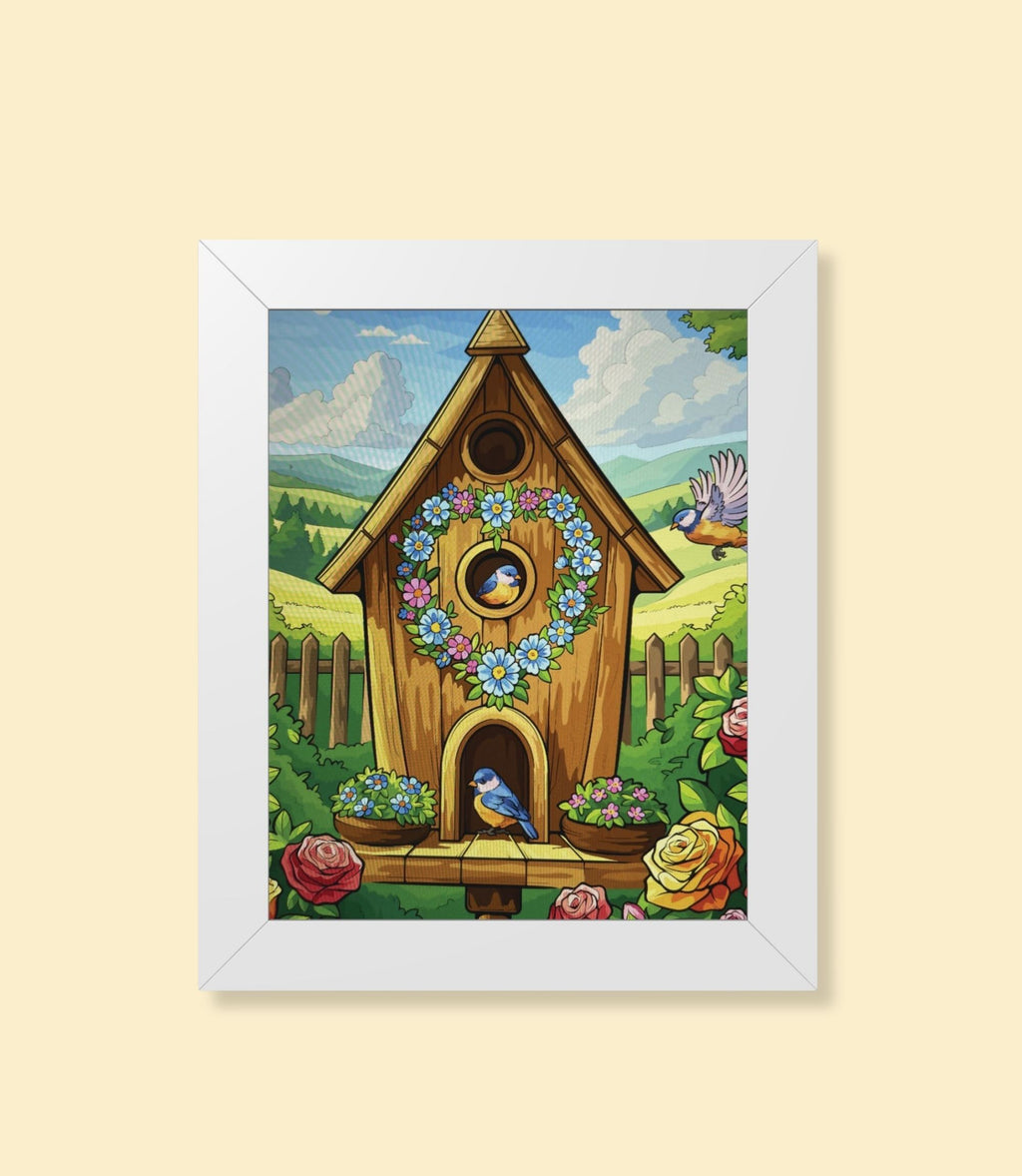 Whimsical floral birdhouse framed poster with white frame on a cream background