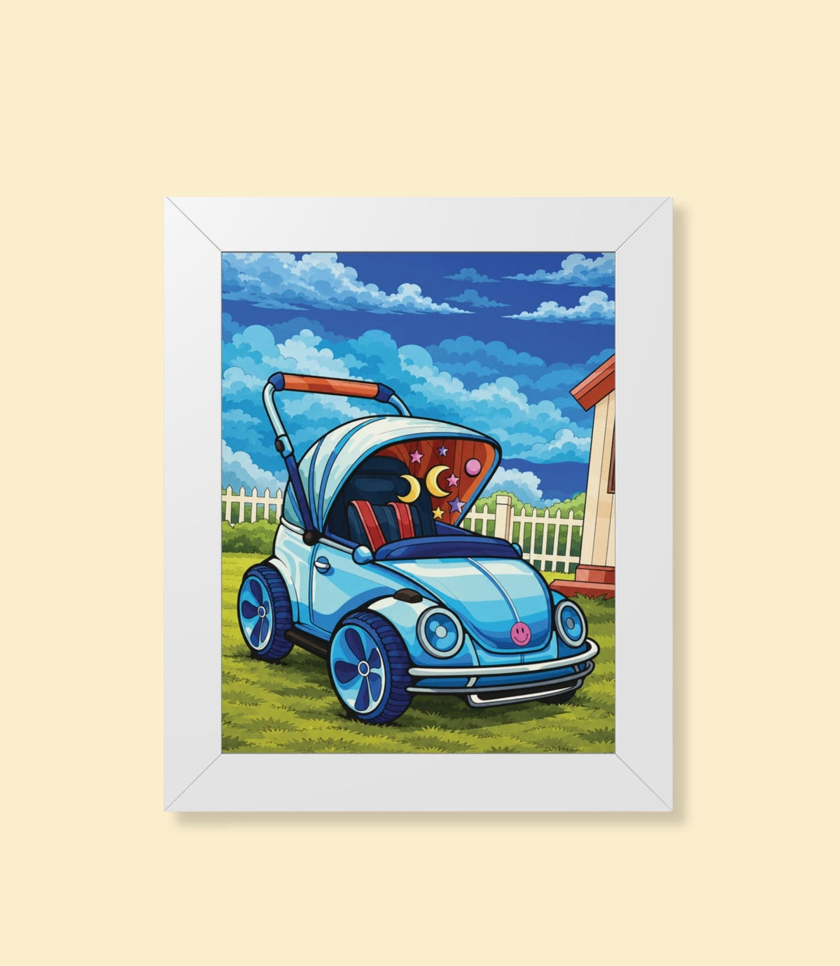 Blue bug car framed poster with white frame on a cream background