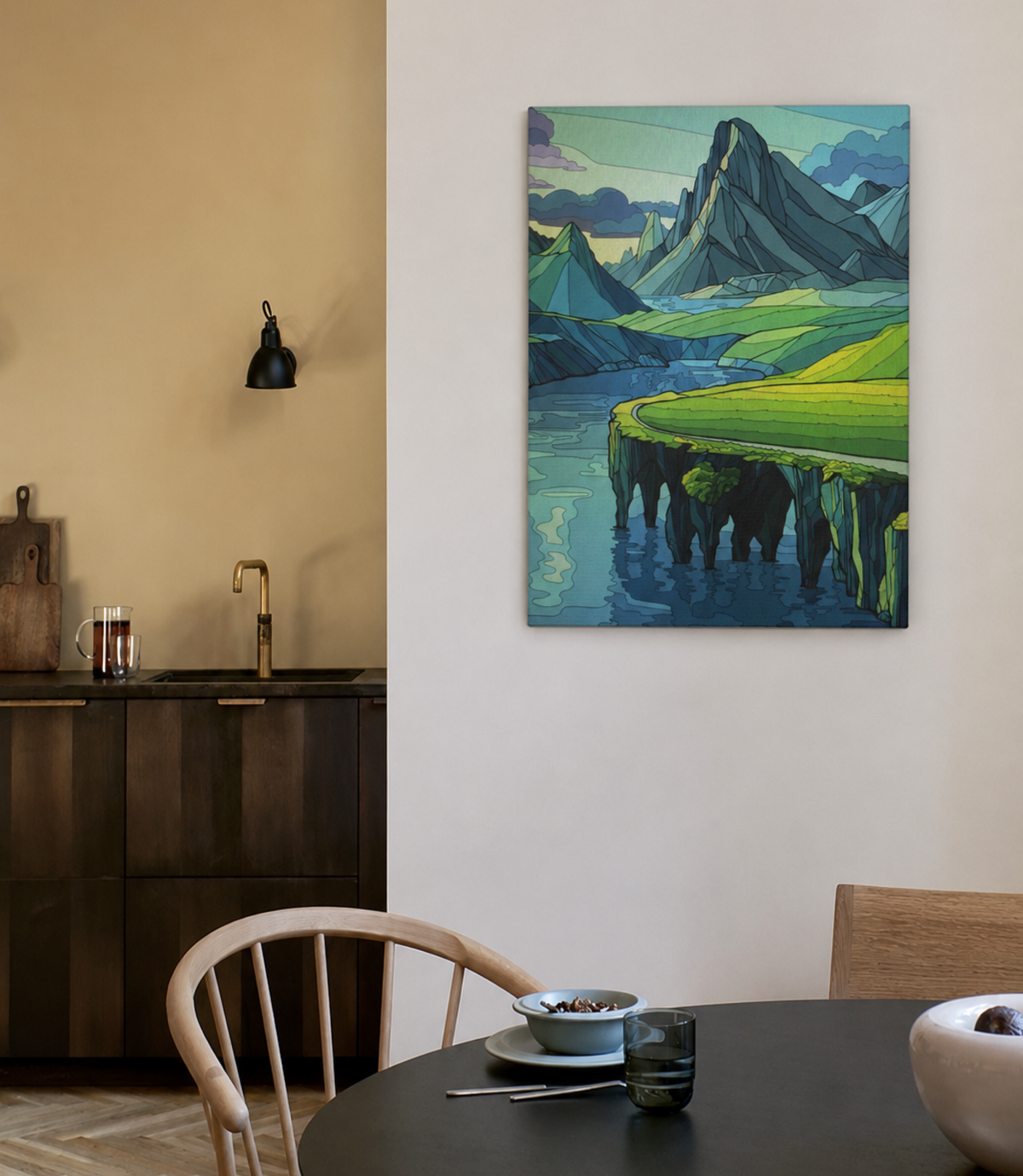Mountain cliff seascape canvas displayed in a modern interior