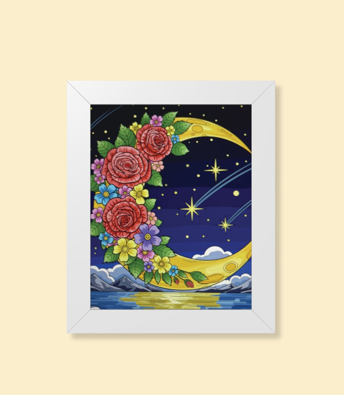 Floral crescent moon framed poster with white frame on a cream background