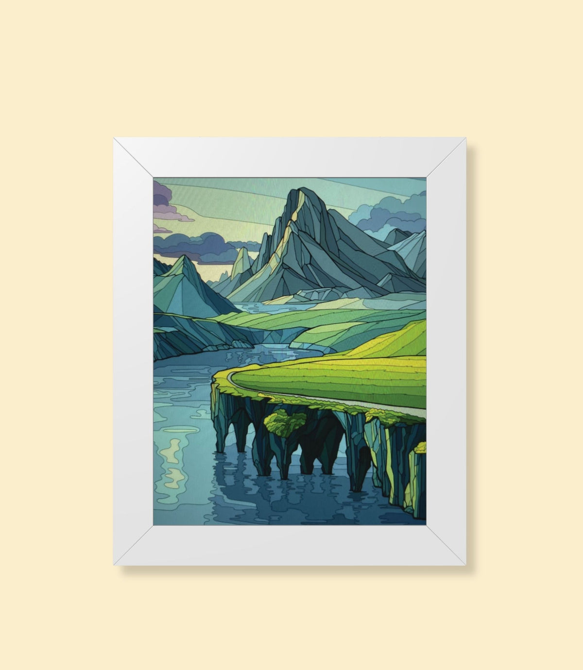 Mountain cliff seascape framed poster with white frame on a cream background