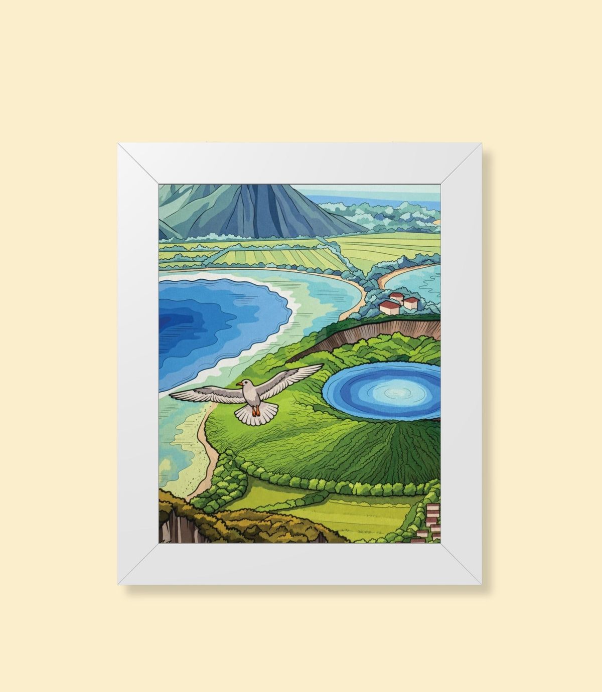 Volcanic coast and seagull framed poster with white frame on a cream background