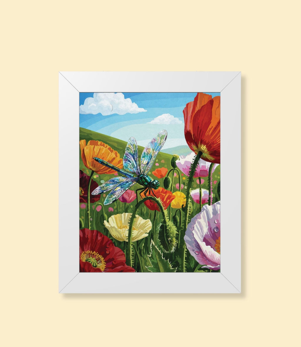 Dragonfly meadow framed poster with white frame on a cream background