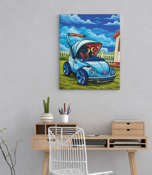 Blue bug car canvas displayed in a modern interior