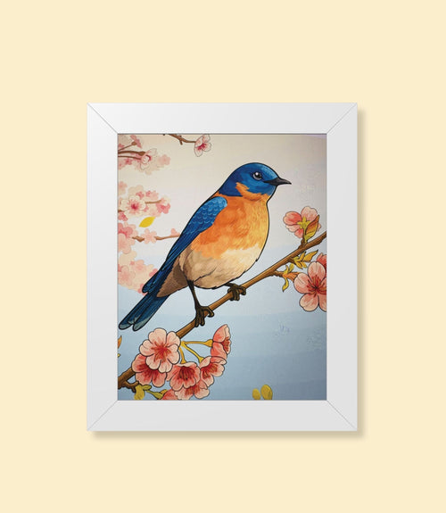 Bluebird and cherry blossoms framed poster with white frame on a cream background
