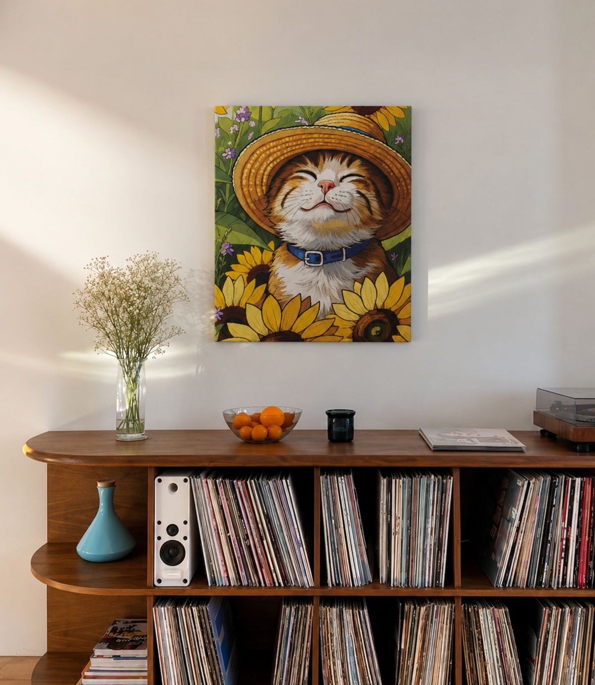 Smiling cat among sunflowers canvas displayed in a modern interior