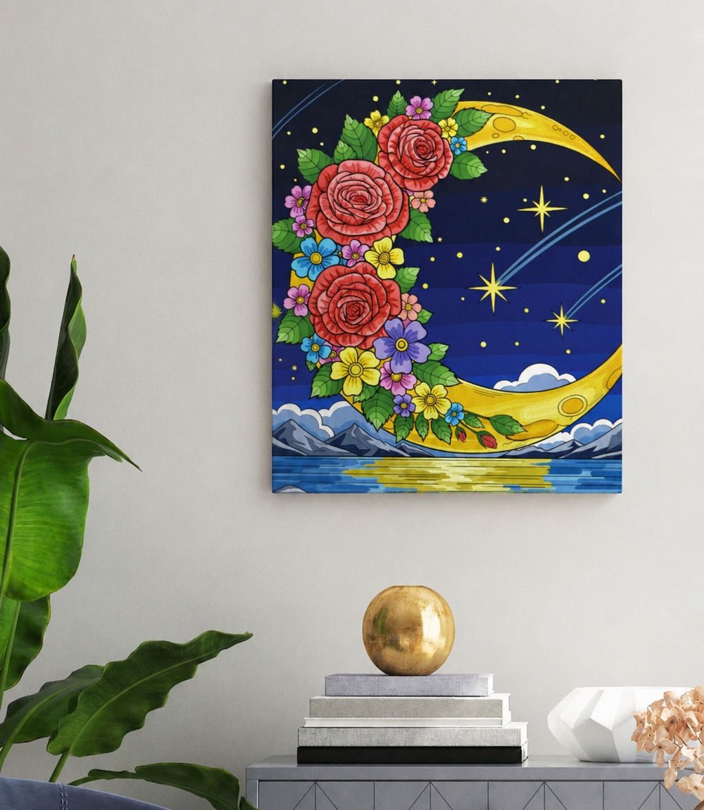 Floral crescent moon canvas displayed in a modern interior