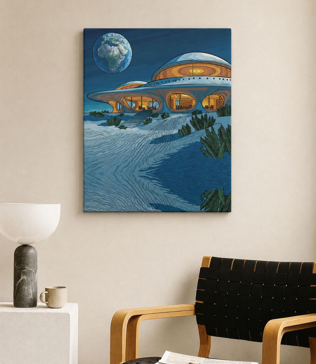Retro space house canvas displayed in a modern interior