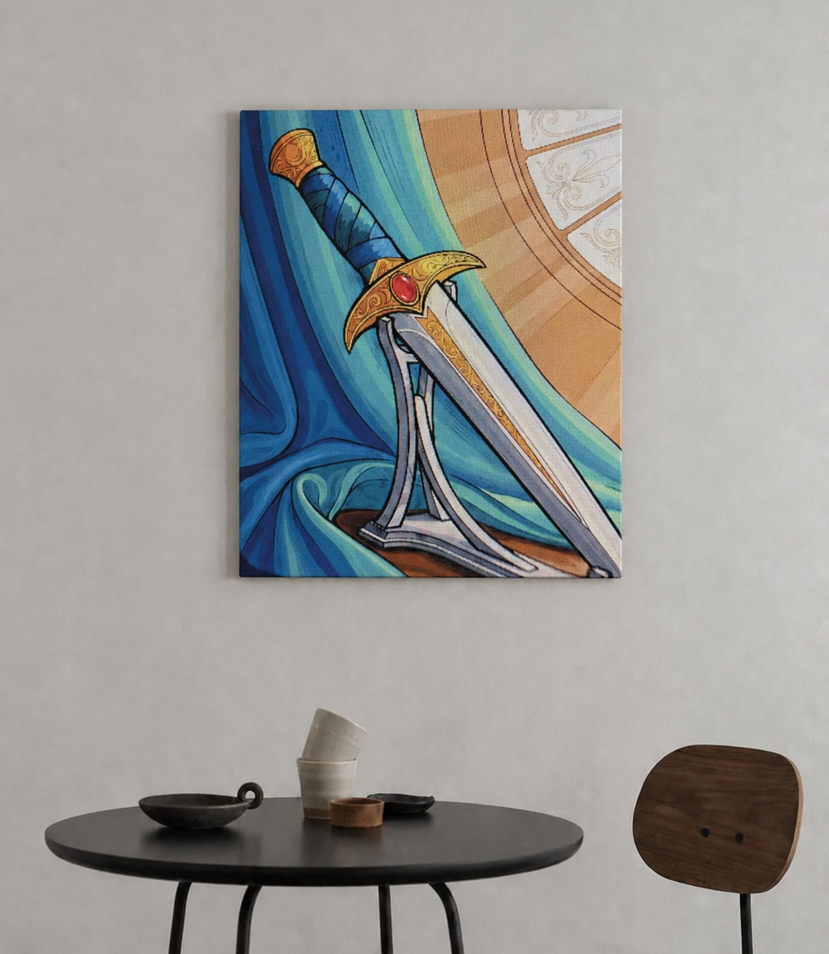 Regal fantasy sword canvas displayed in a modern interior