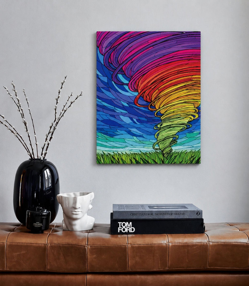 Rainbow tornado canvas displayed above modern console décor