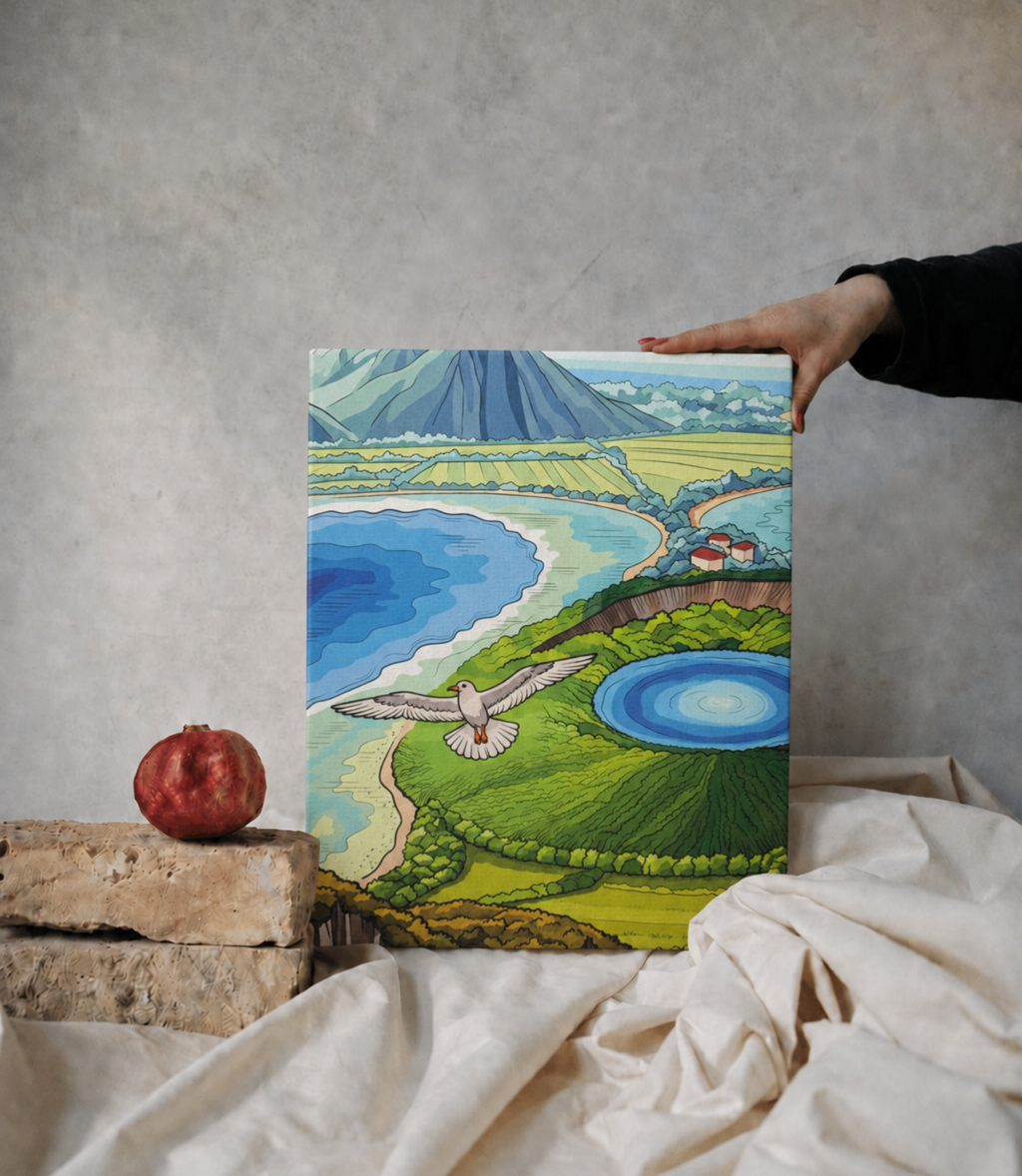 Person holding volcanic coast and seagull stretched canvas wall art