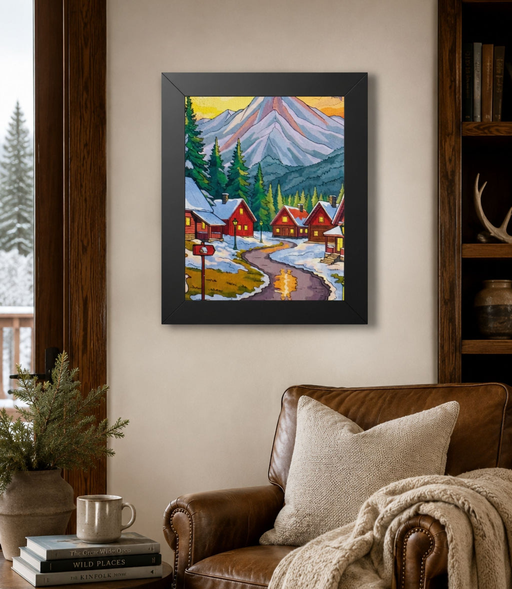 Black-framed winter mountain village poster displayed in a modern interior
