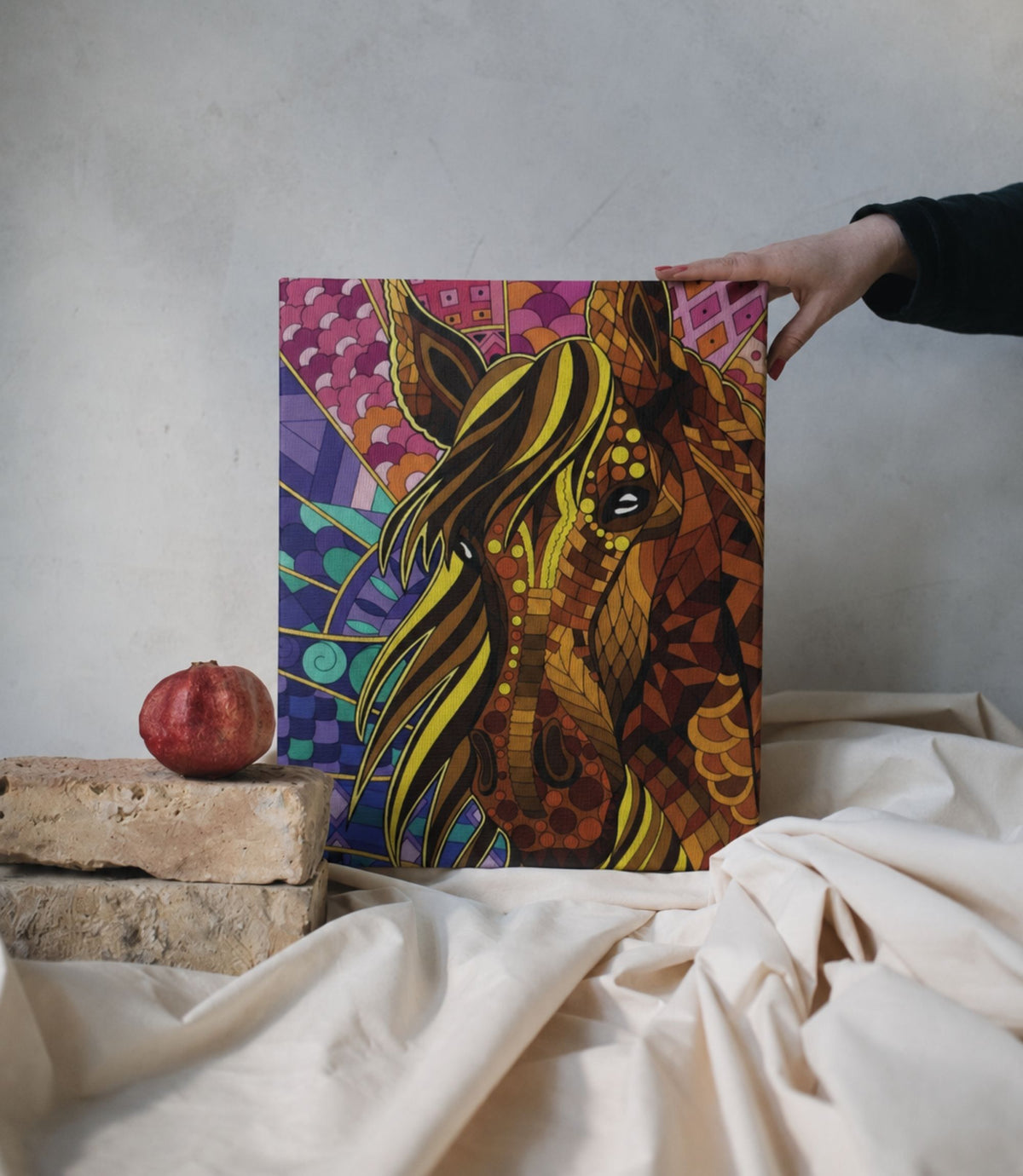 Person holding colourful mosaic horse stretched canvas wall art