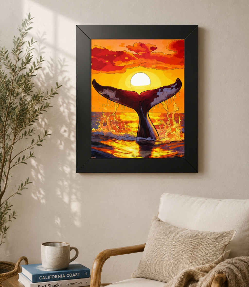 Black-framed whale tail at sunset poster displayed in a modern interior
