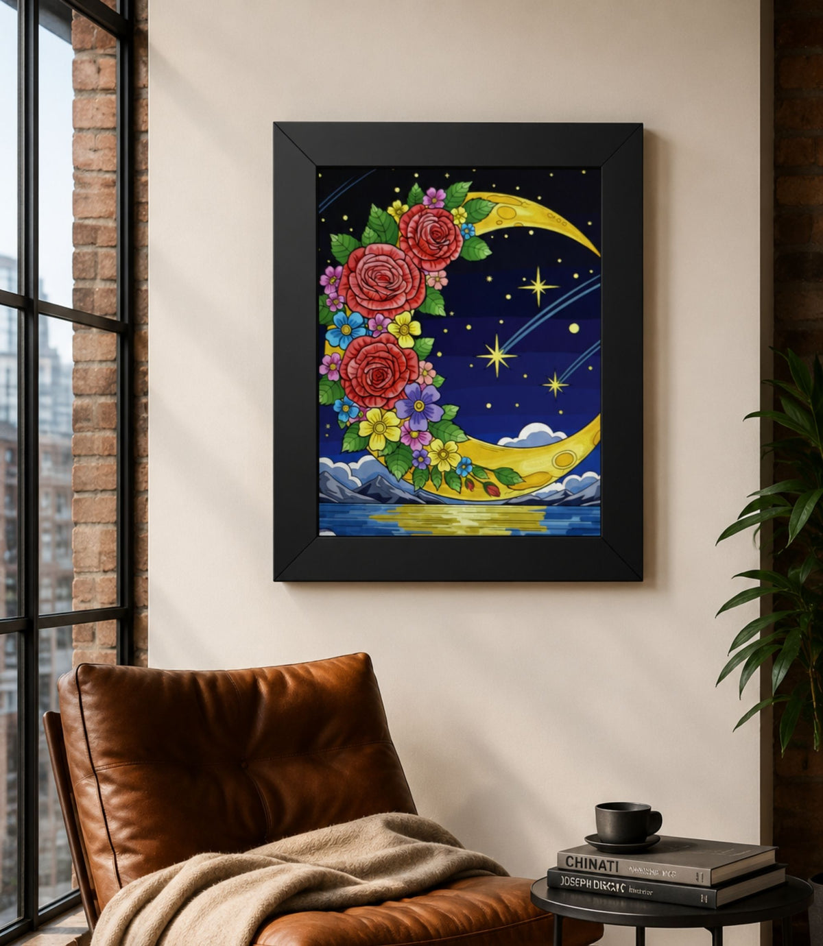 Black-framed floral crescent moon poster displayed in a modern interior