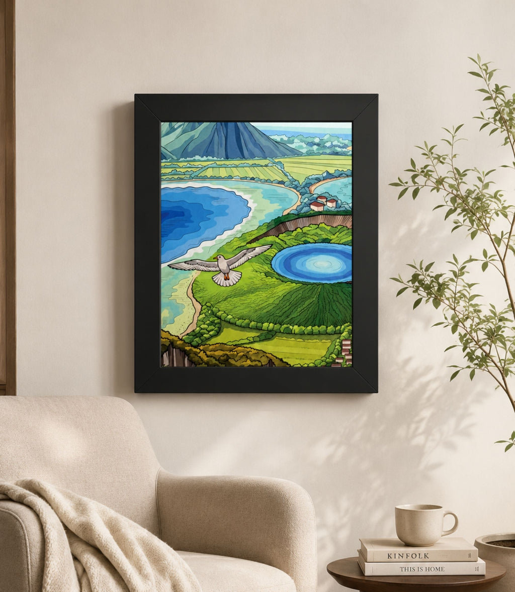 Black-framed volcanic coast and seagull poster displayed in a modern interior