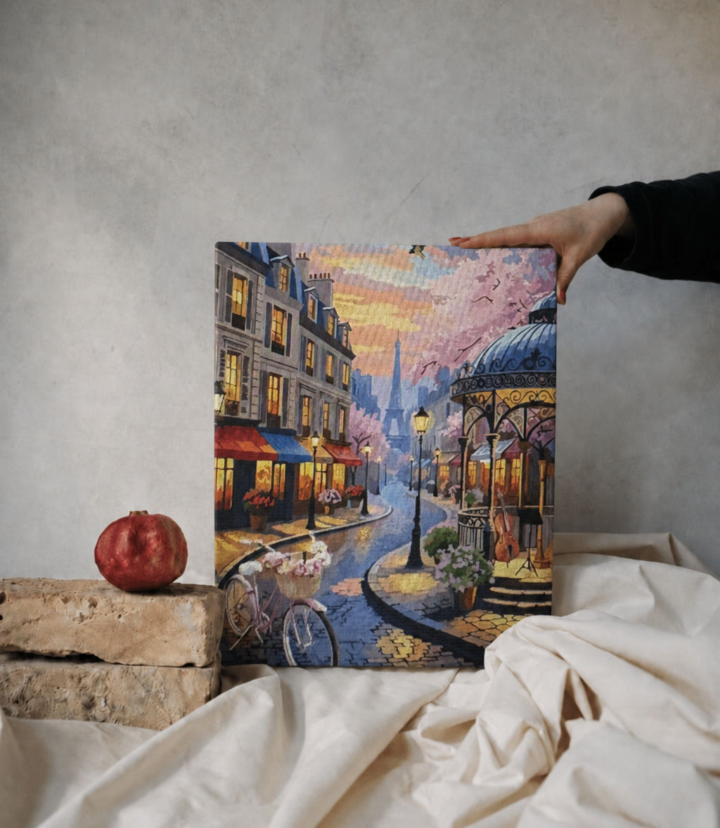 Person holding Paris street café stretched canvas wall art