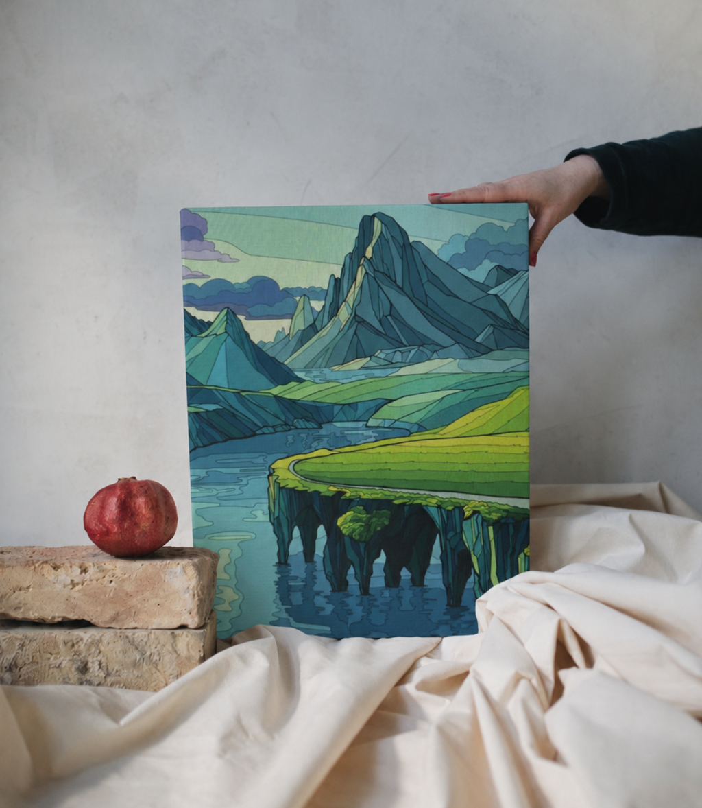 Person holding mountain cliff seascape stretched canvas wall art