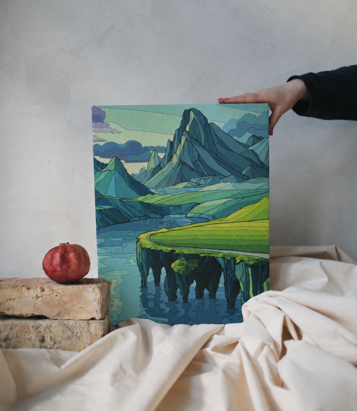Person holding mountain cliff seascape stretched canvas wall art