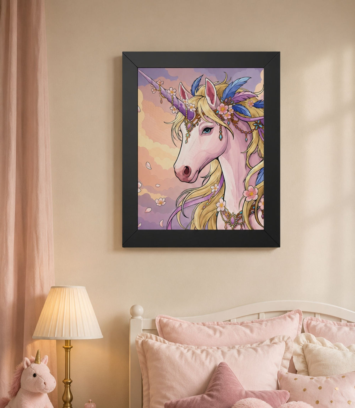 Black-framed pastel unicorn poster displayed in a modern interior