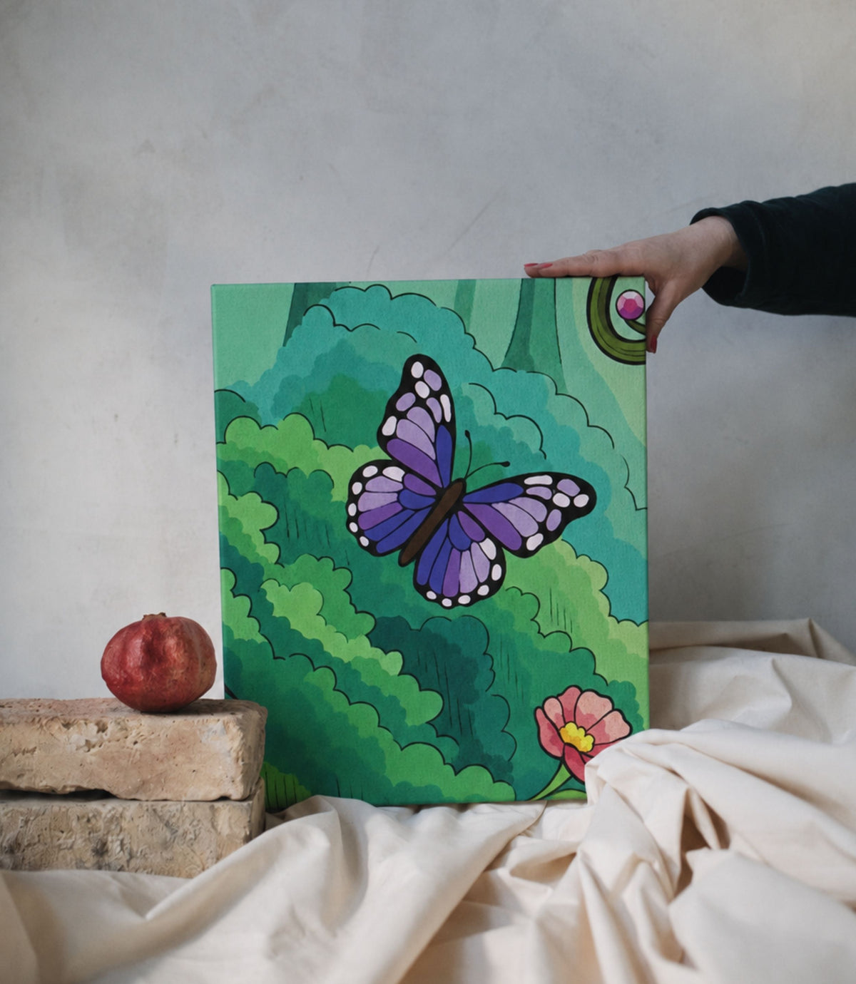 Person holding purple butterfly garden stretched canvas wall art