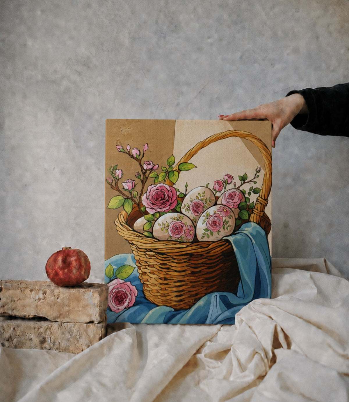 Person holding floral Easter basket stretched canvas wall art