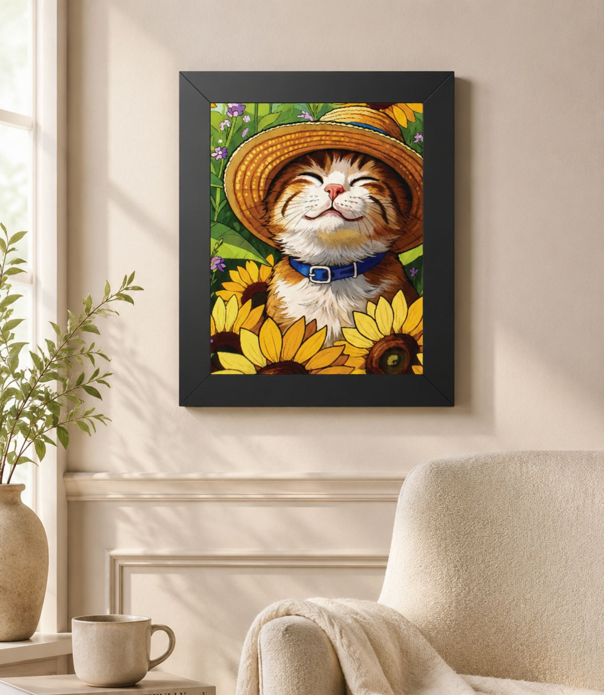 Black-framed smiling cat among sunflowers poster displayed in a modern interior