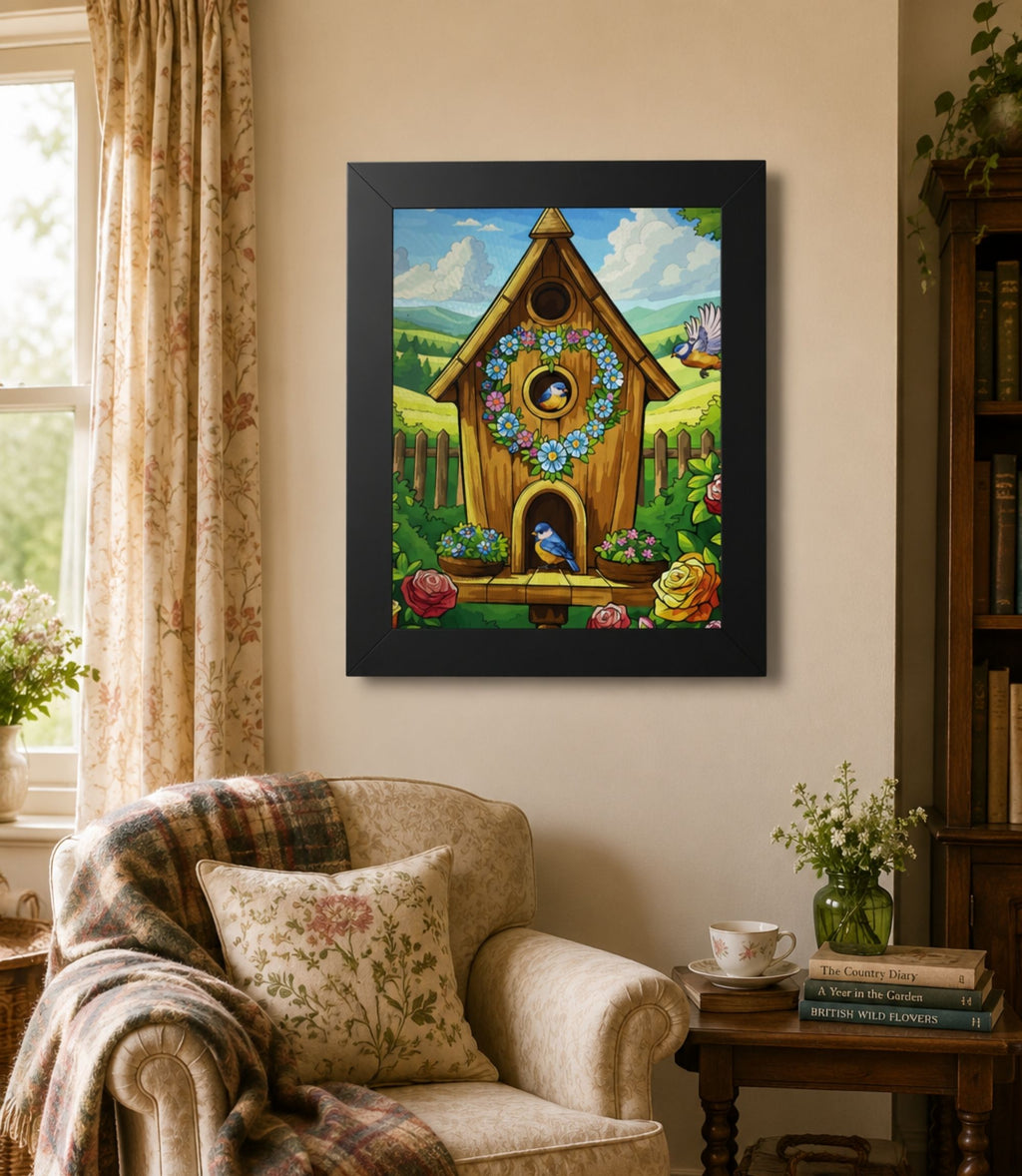 Black-framed whimsical floral birdhouse poster displayed in a modern interior