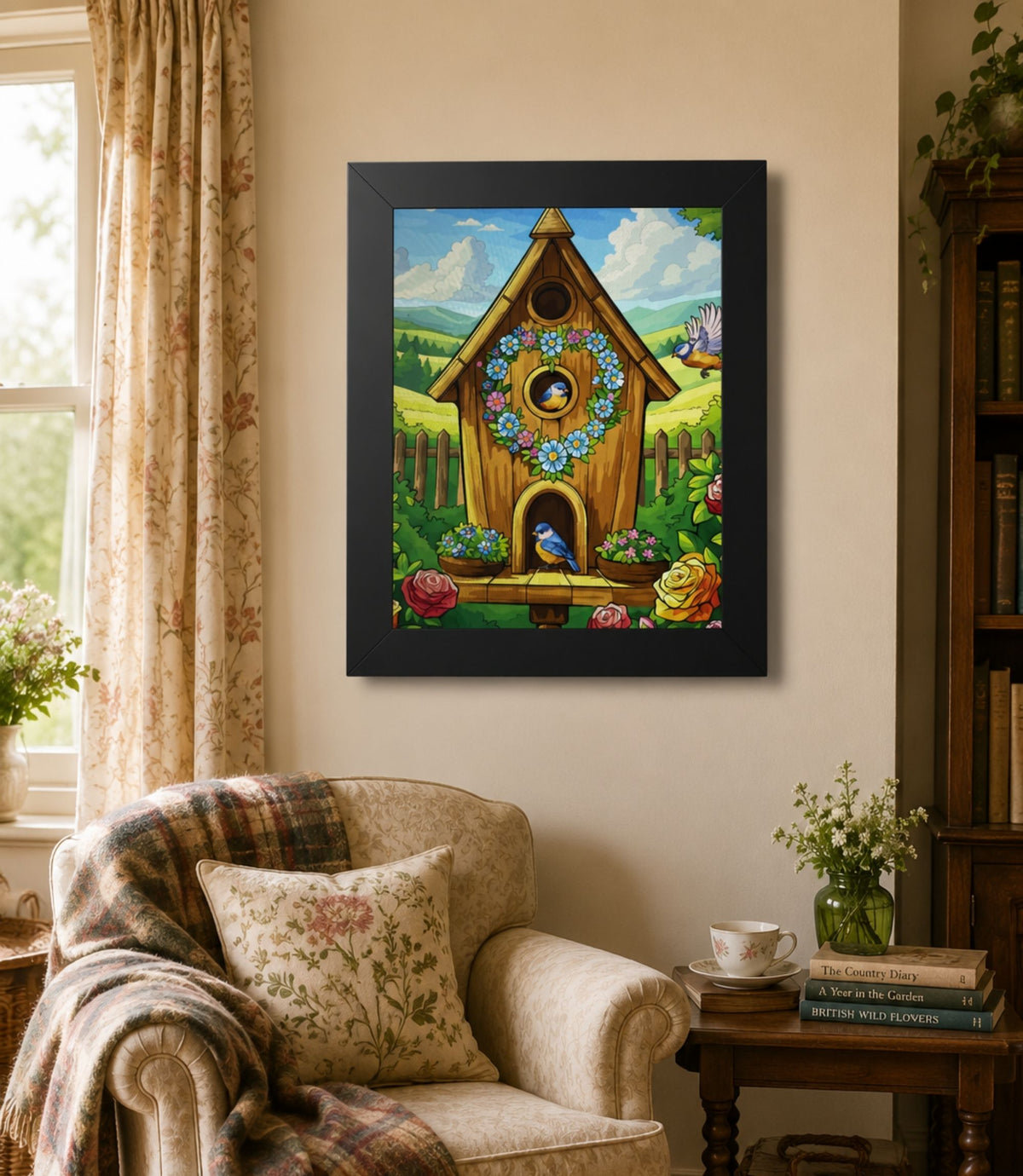 Black-framed whimsical floral birdhouse poster displayed in a modern interior