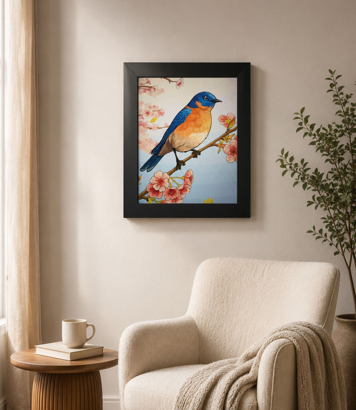 Black-framed bluebird and cherry blossoms poster displayed in a modern interior