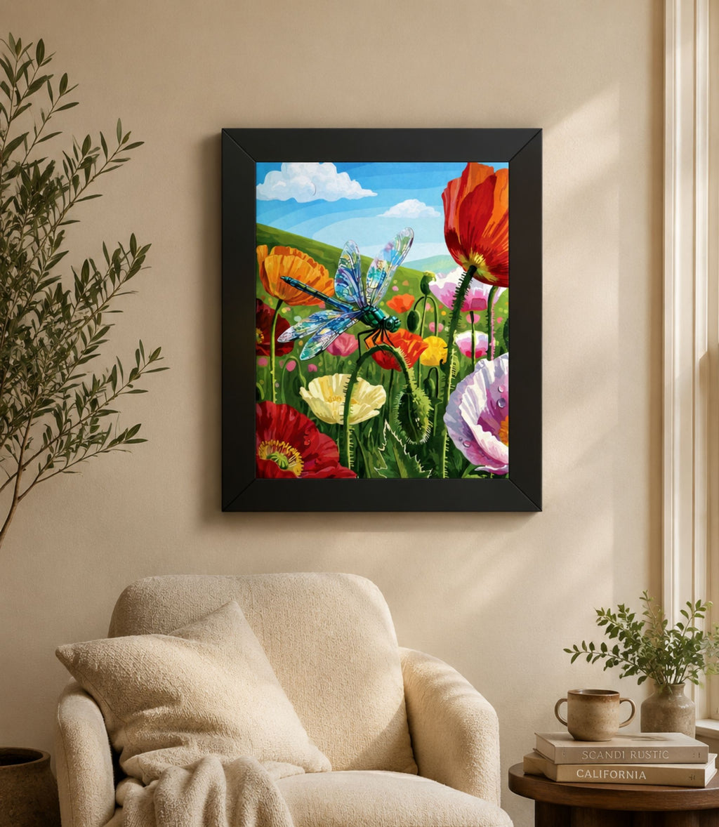 Black-framed dragonfly meadow poster displayed in a modern interior