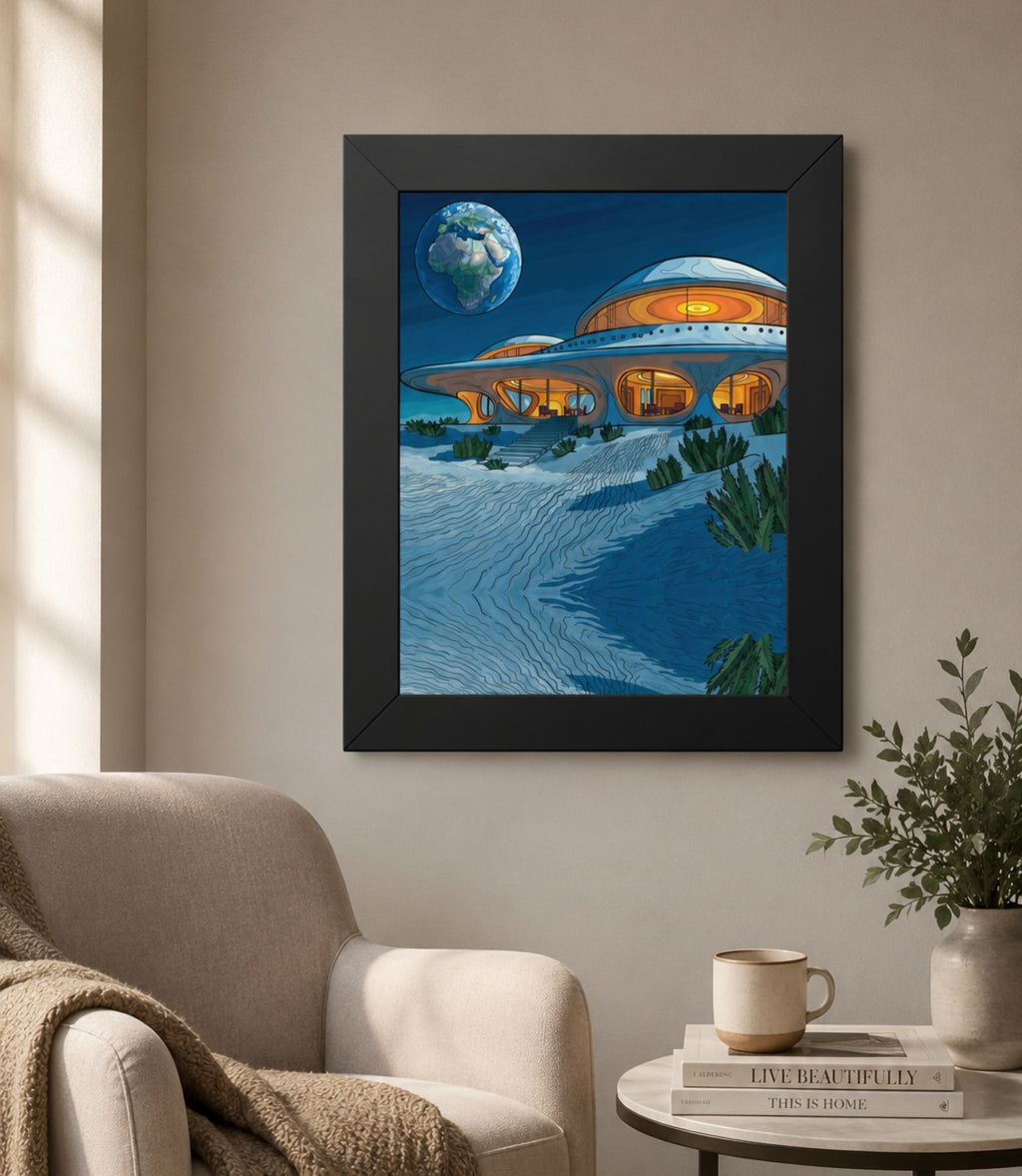 Black-framed retro space house poster displayed in a modern interior