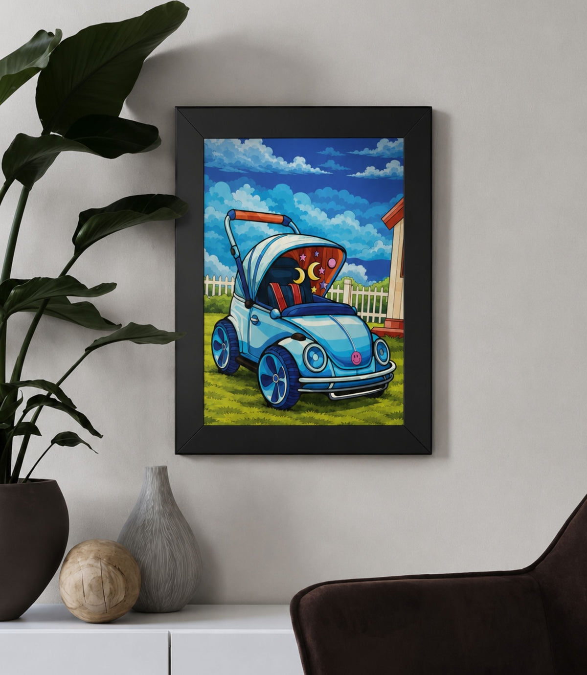 Black-framed blue bug car poster displayed in a modern interior