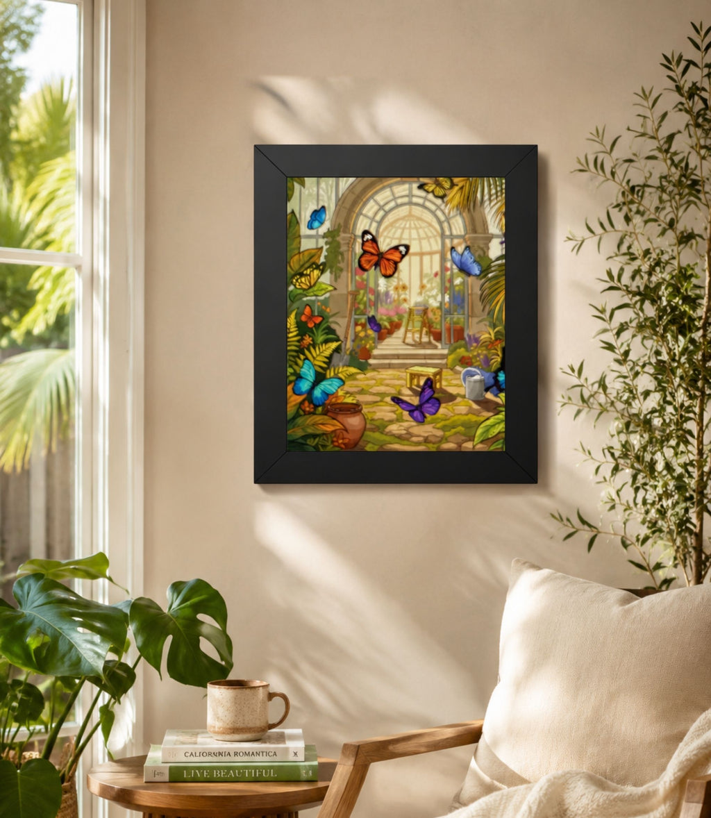 Black-framed butterfly conservatory poster displayed in a modern interior