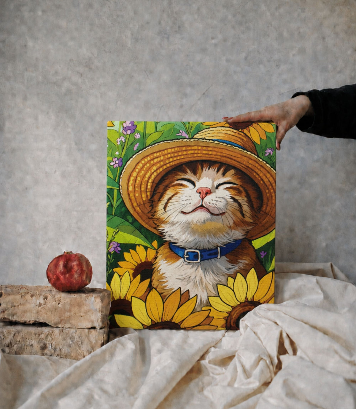 Person holding smiling cat among sunflowers stretched canvas wall art