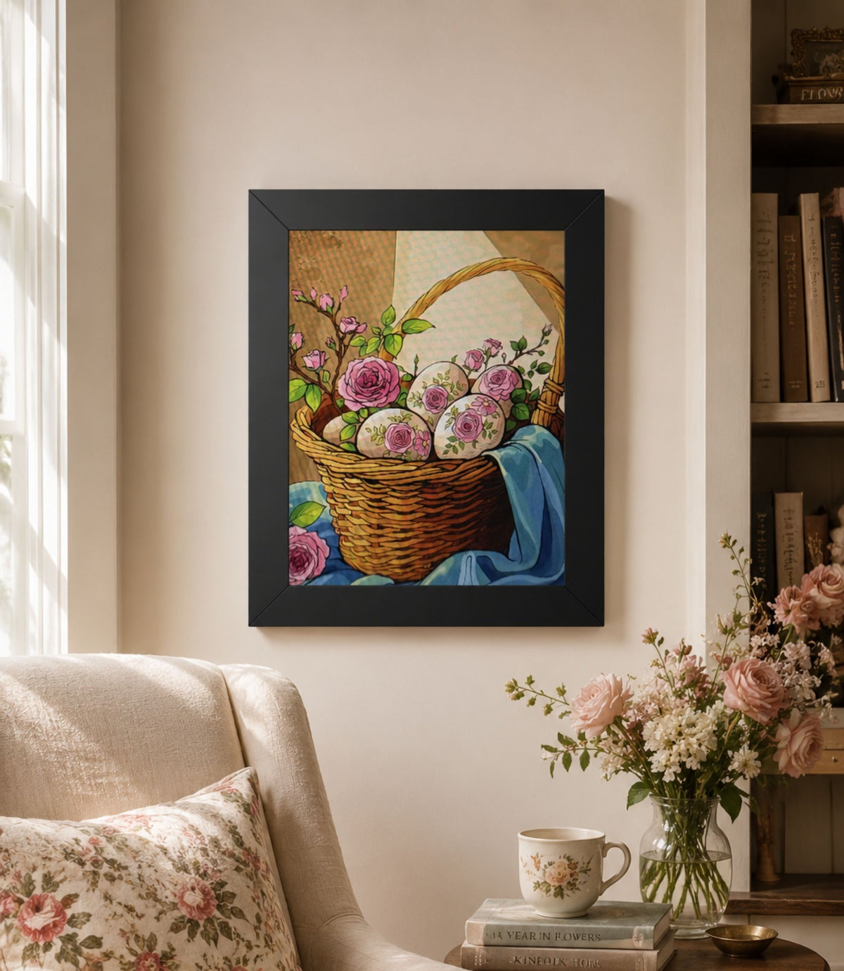 Black-framed floral Easter basket poster displayed in a modern interior