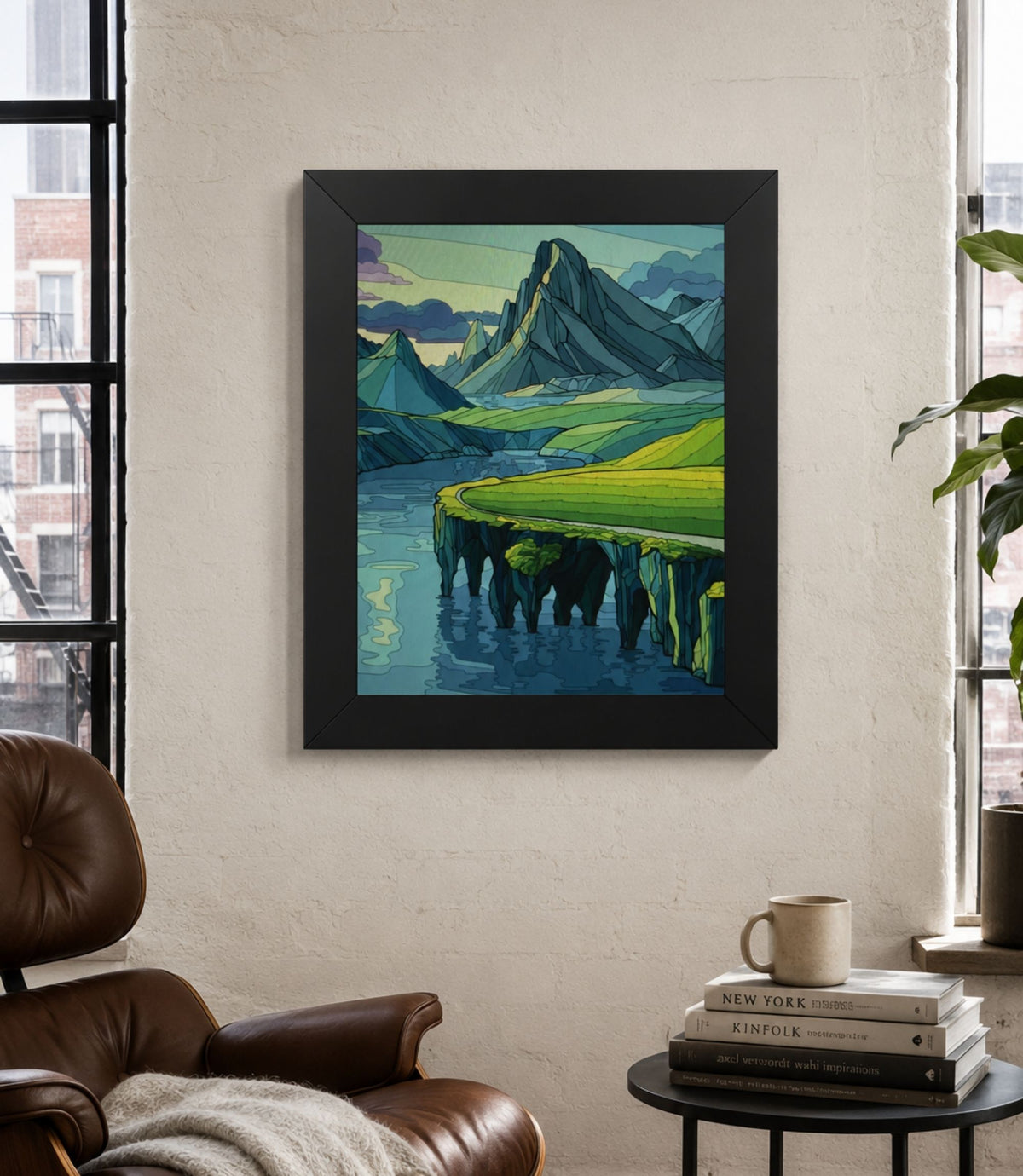 Black-framed mountain cliff seascape poster displayed in a modern interior