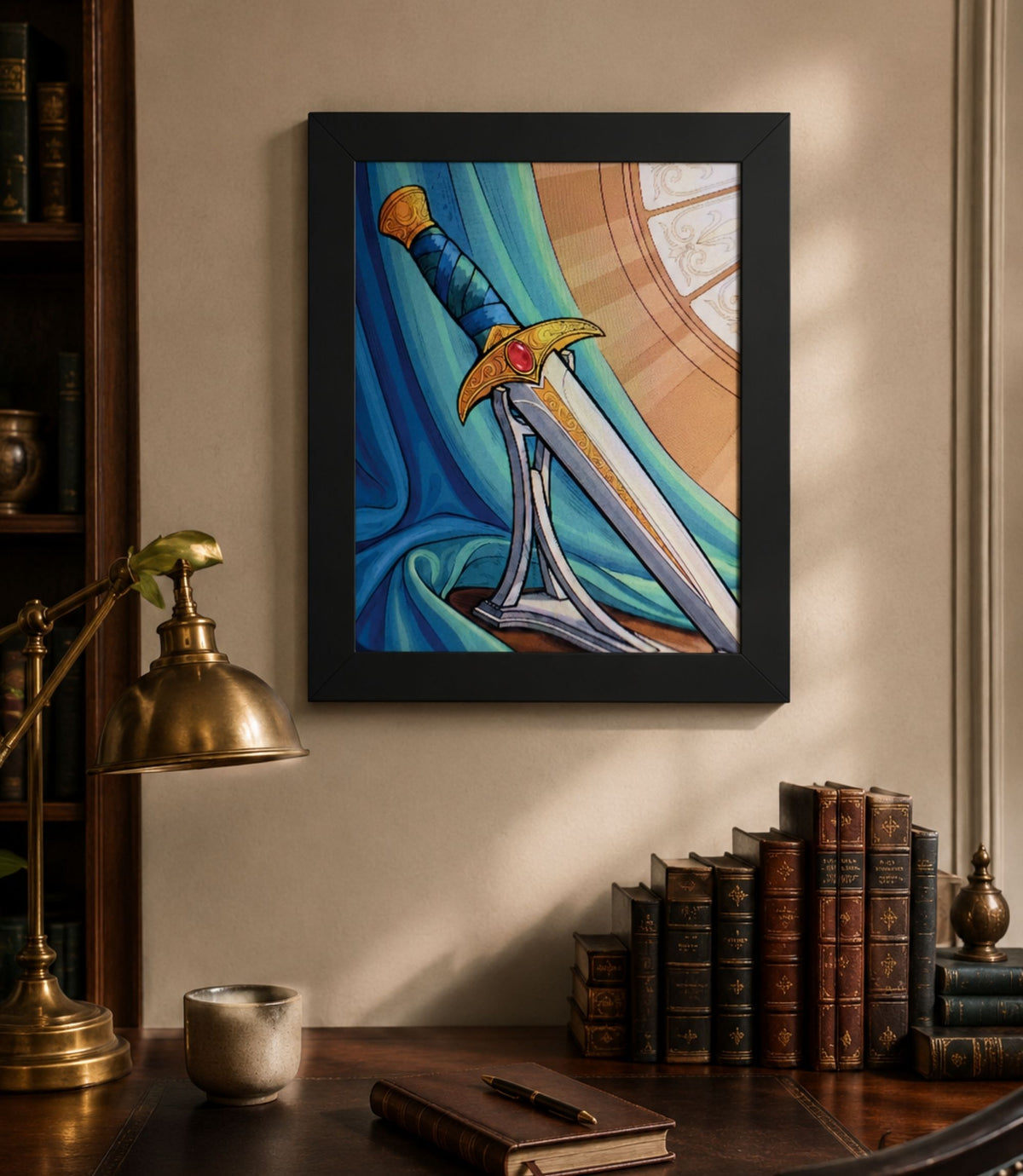 Black-framed regal fantasy sword poster displayed in a modern interior