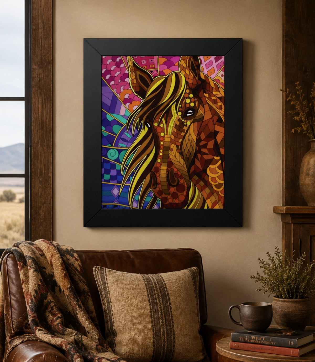 Black-framed colourful mosaic horse poster displayed in a modern interior